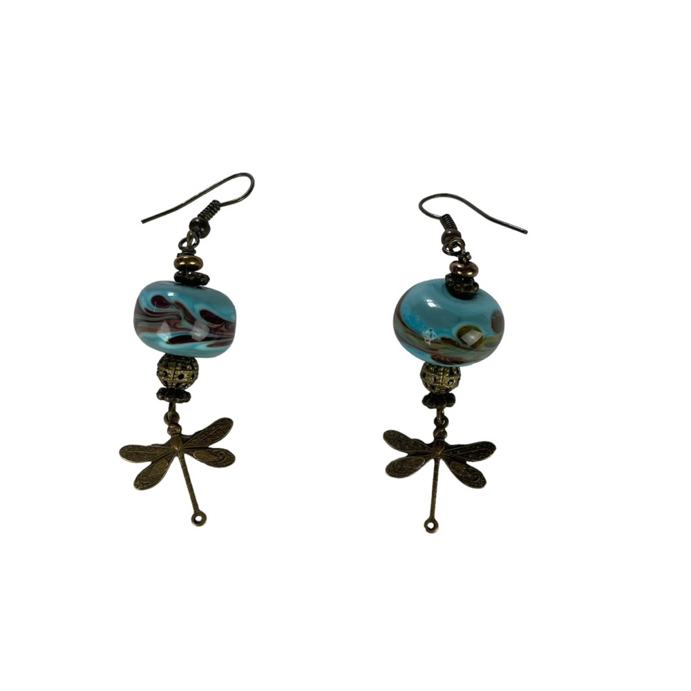 Hand Painted Porcelain Bead‎ Drop Earrings with Dragonfly